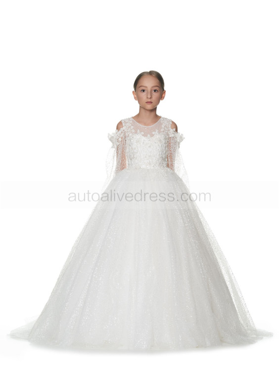 Beaded Cold Shoulder Ivory Lace Glitter Tulle Flower Girl Dress